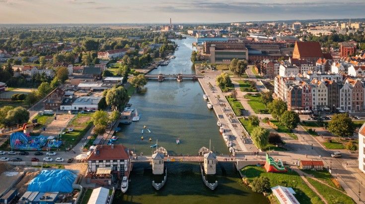 An aerial view of Elblag River during sunset.