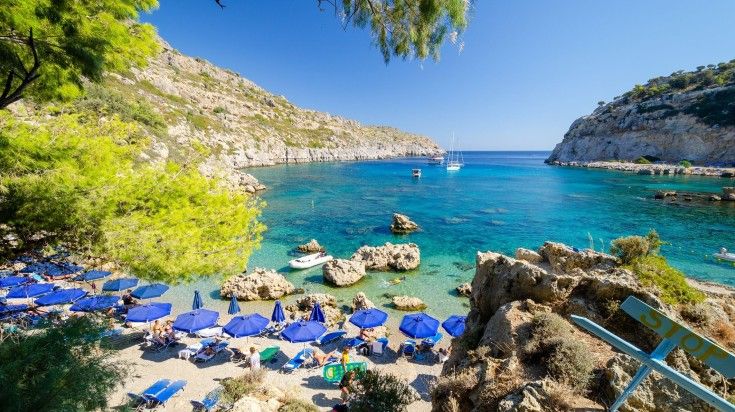 View of Anthony Quinn Bay on Rhodes Island on a clear day in Greece.