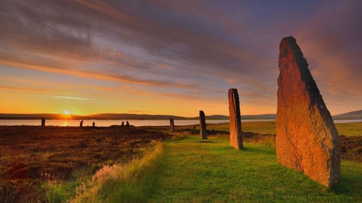 The Ring of Brodgar, dating from 2500BC to 2000BC, is part of Orkney's Neolithic Heart, including Skara Brae, the Stones of Stenness, Maeshowe, and Barnhouse Stone. Summer dawn at the Ring of Brodgar in the core of Neolithic Orkney.