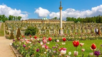 Built between 1745 and 1747, Sanssouci was the summer palace of Frederick the Great, King of Prussia. The vibrant Sanssouci palace and park in spring bloom.
