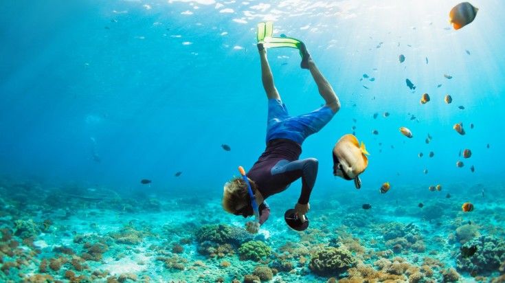 A man snorkeling with tropical fishes in coral reef sea.