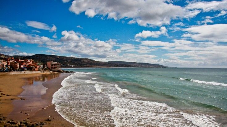 Sand beach in Taghazout on a cloudy day during your Moroccan trip. Sand beach in Taghazout on a cloudy day during your 11 days in Morocco.