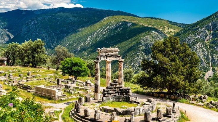 Panoramic view of Temple of Athena Pronoia at Delphi.