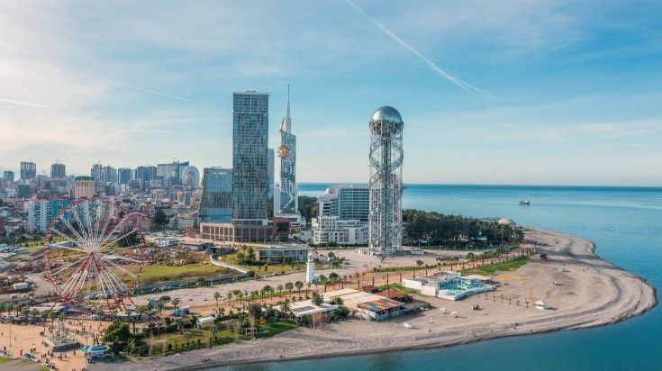 The Batumi Beach in Georgia and the skyscrapers around it.