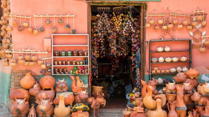 Several pottery souvenirs at a store in Colombia.