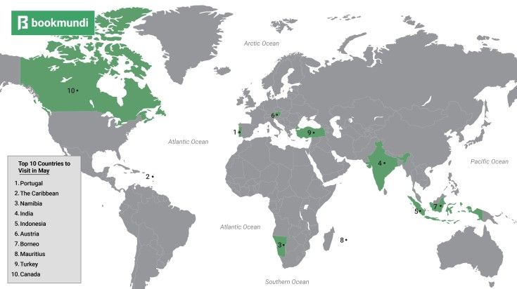 Map of the world showing the 10 best places to visit in May.