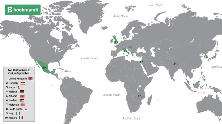 Map of the world showing 10 best places to visit in September.