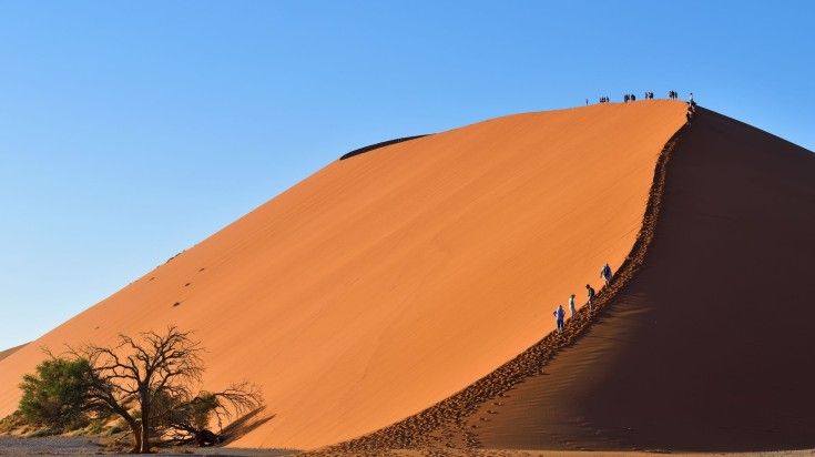 Tourists climb Dune No.45 as a part of spending two weeks in Namibia.