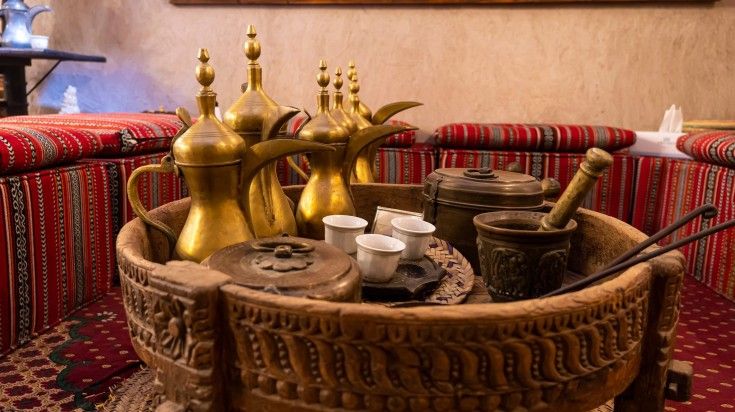 Traditional coffee utensils showcased at the Dubai Coffee Museum.