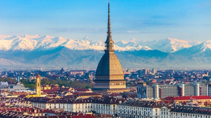 Aerial panoramic view of The Mole Antonelliana, a major landmark in Turin c