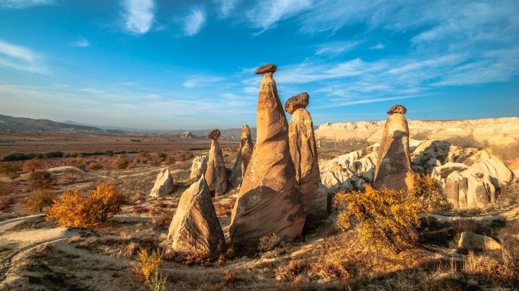 Wide view of the landscape of Cappadocia with fairy chimneys on a clear day in Turkey.