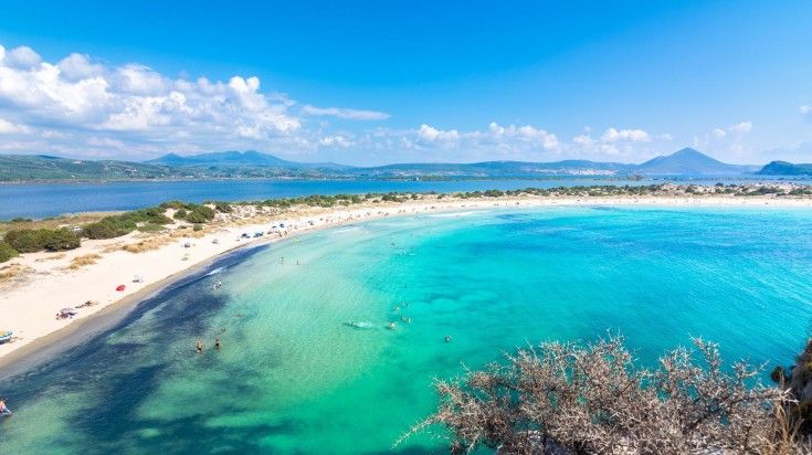 Panoramic view of the  Voidokilia Beach on a clear day.