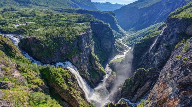 Voringsfossen Waterfall on a clear day in Norway.