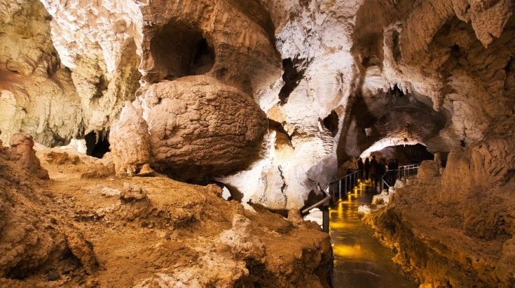 Tourists exploring Waitomo Cave during their one week in New Zealand.