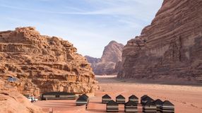 Camps in Wadi Rum on a clear day in Jordan in March.