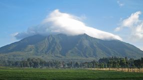 A large cloud hovers over a mountain in Volcanoes National Park on your one week in Rwanda.
