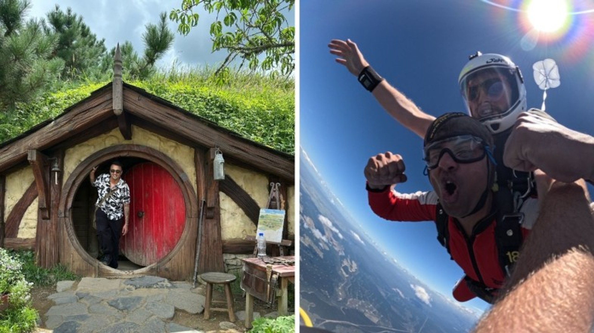 Two photographs from Naresh's trip to New Zealand: one where he is at the doorstep of Hobbiton house and another of him skydiving.