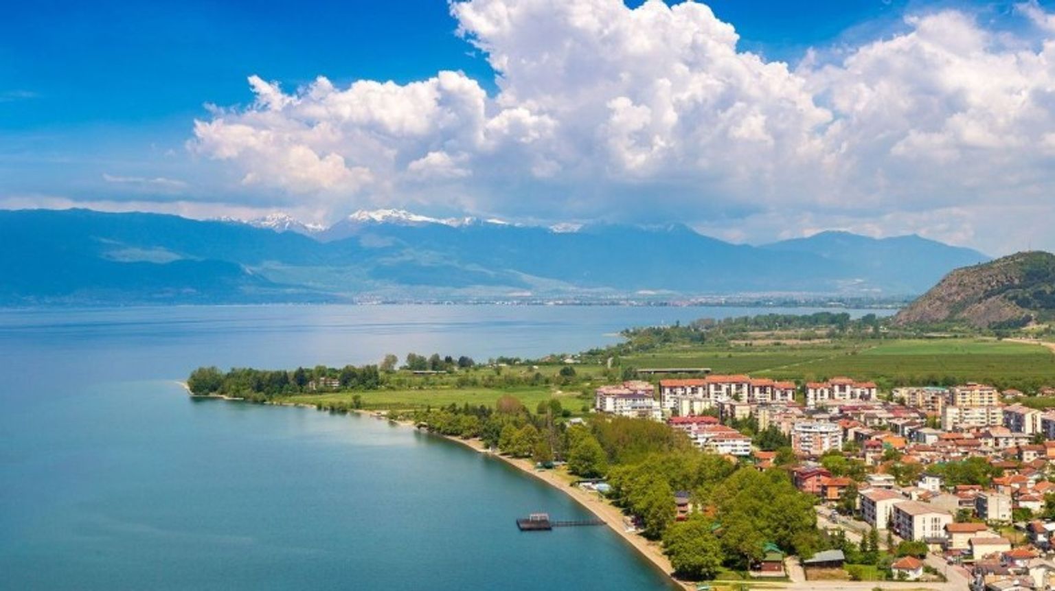 A picturesque view of Ohrid city and lake Ohrid on a beautiful summer day.