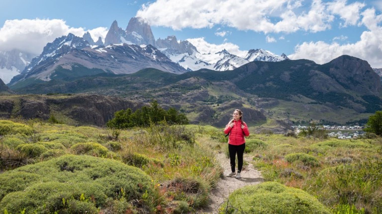 A young hiker with Mount Fitz Roy at the back during her trip to Argentina in December.