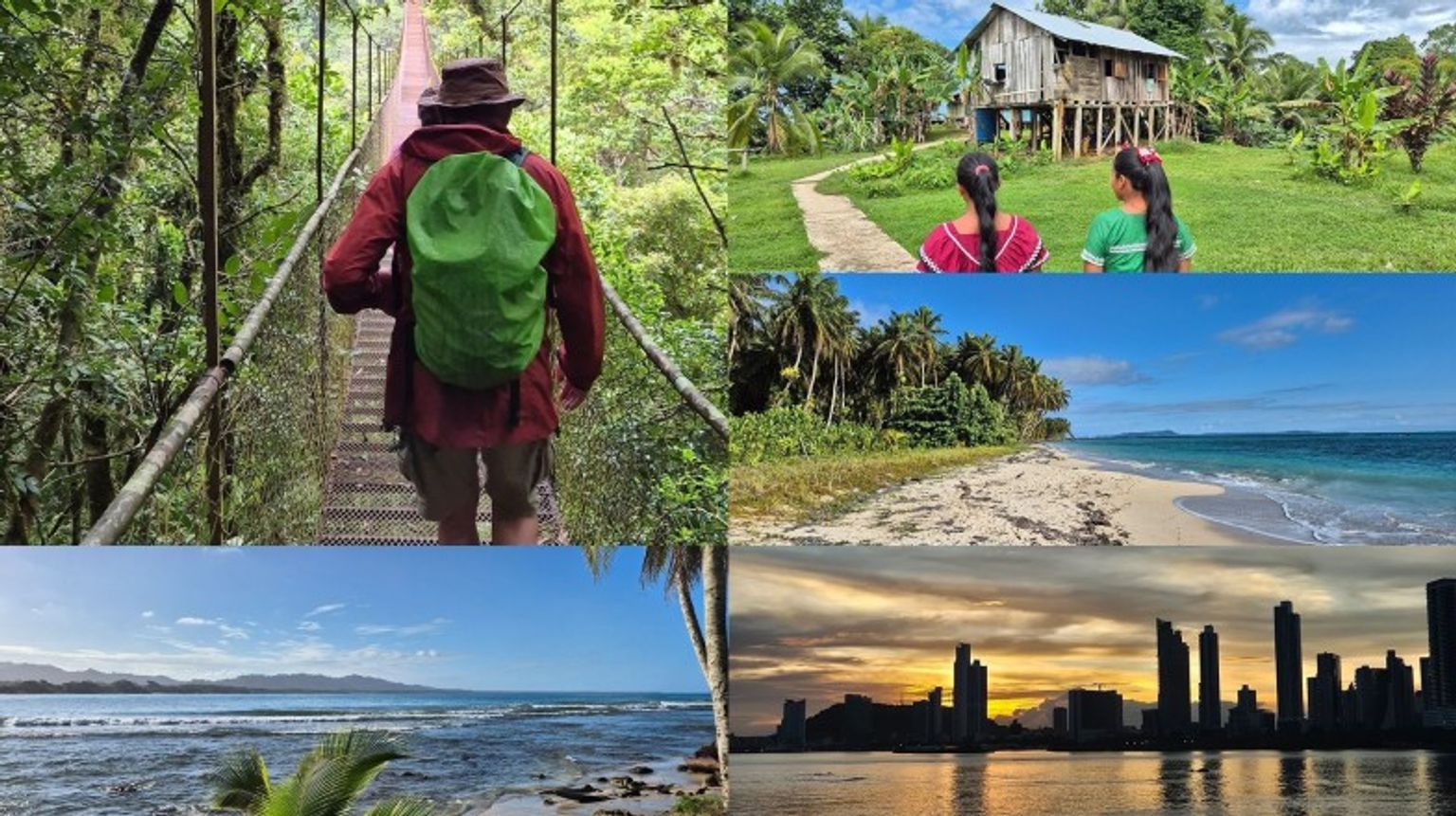 A collage of images from Mircea's trip to Costa Rica & Panama showing beaches, Caribbean sea, hiking in rainforest and Isla Popa.