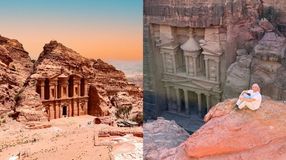 Two photographs of auburn rocky landscape with ancient buildings carved in