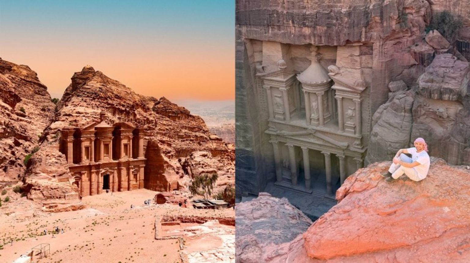 Two photographs of auburn rocky landscape with ancient buildings carved in