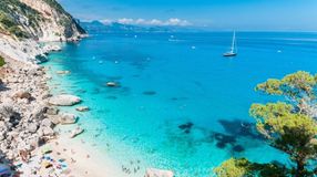 Aerial view of Cala Goloritze, one of the best beaches in Italy, on a clear day.