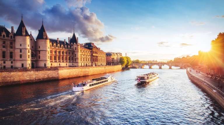 Sunset over river Seine in France in April.