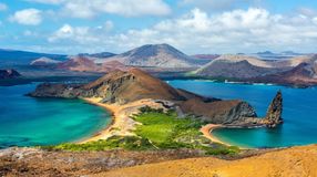 View of two beaches in Bartolome Island in Galapagos Island on a clear day; how many days to spend in Ecuador.