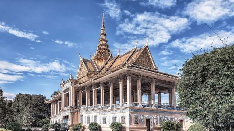The Royal Palace on a cloudy day in Cambodia in October.