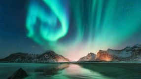 Northern Lights in Lofoten Island in Norway in February.