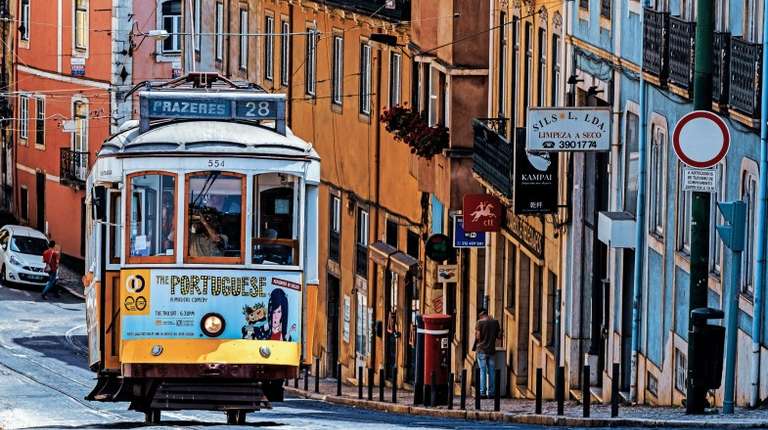 The number 28 Lisbon tram in Portugal in September.
