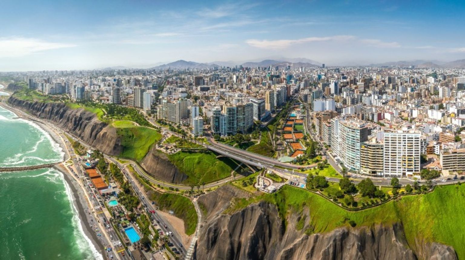 Aerial view of the coastal town of Miraflores in Lima, Peru.