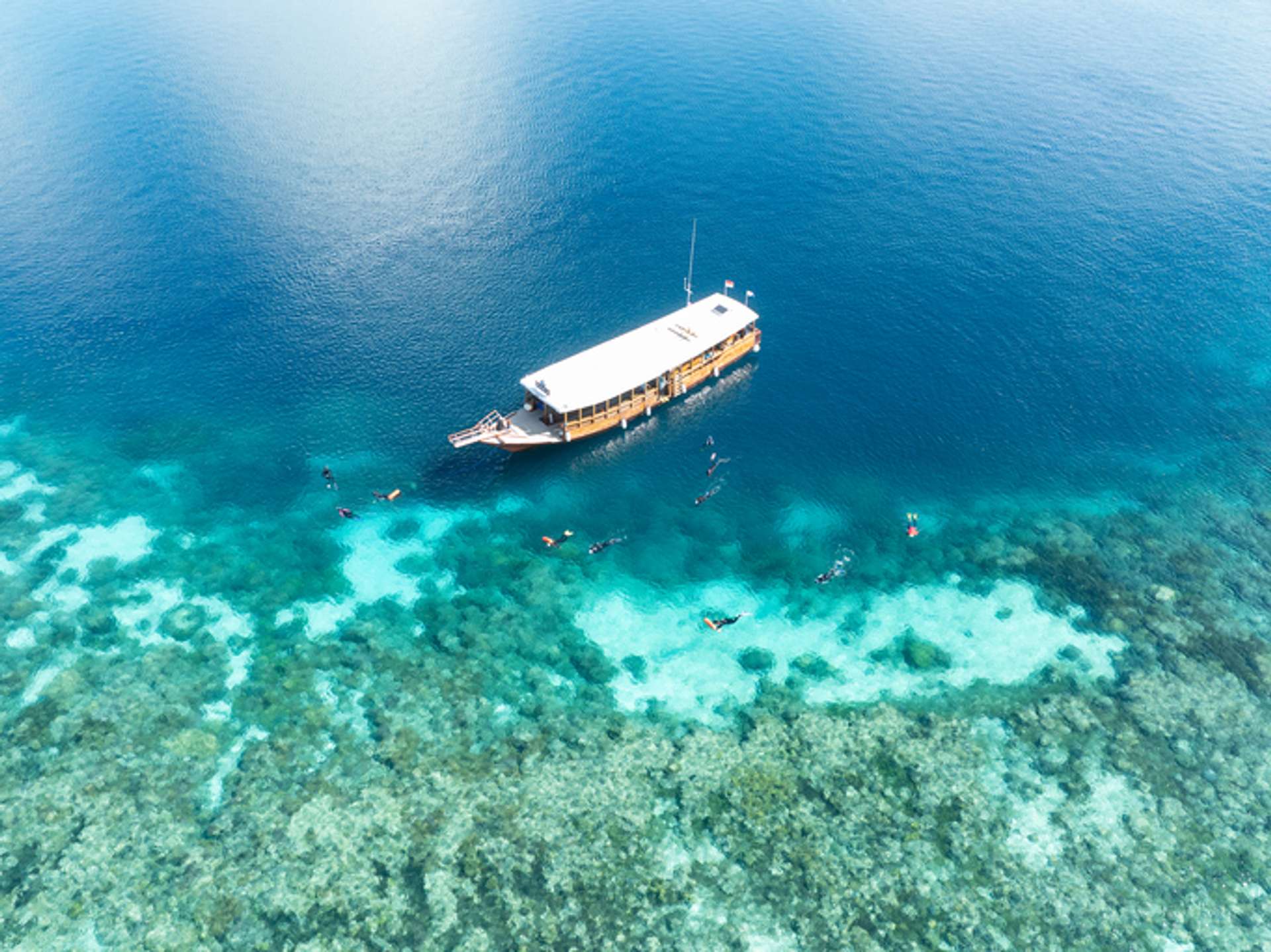 A boat in crystal clear sea water with corals in view and many swimmers snorkeling