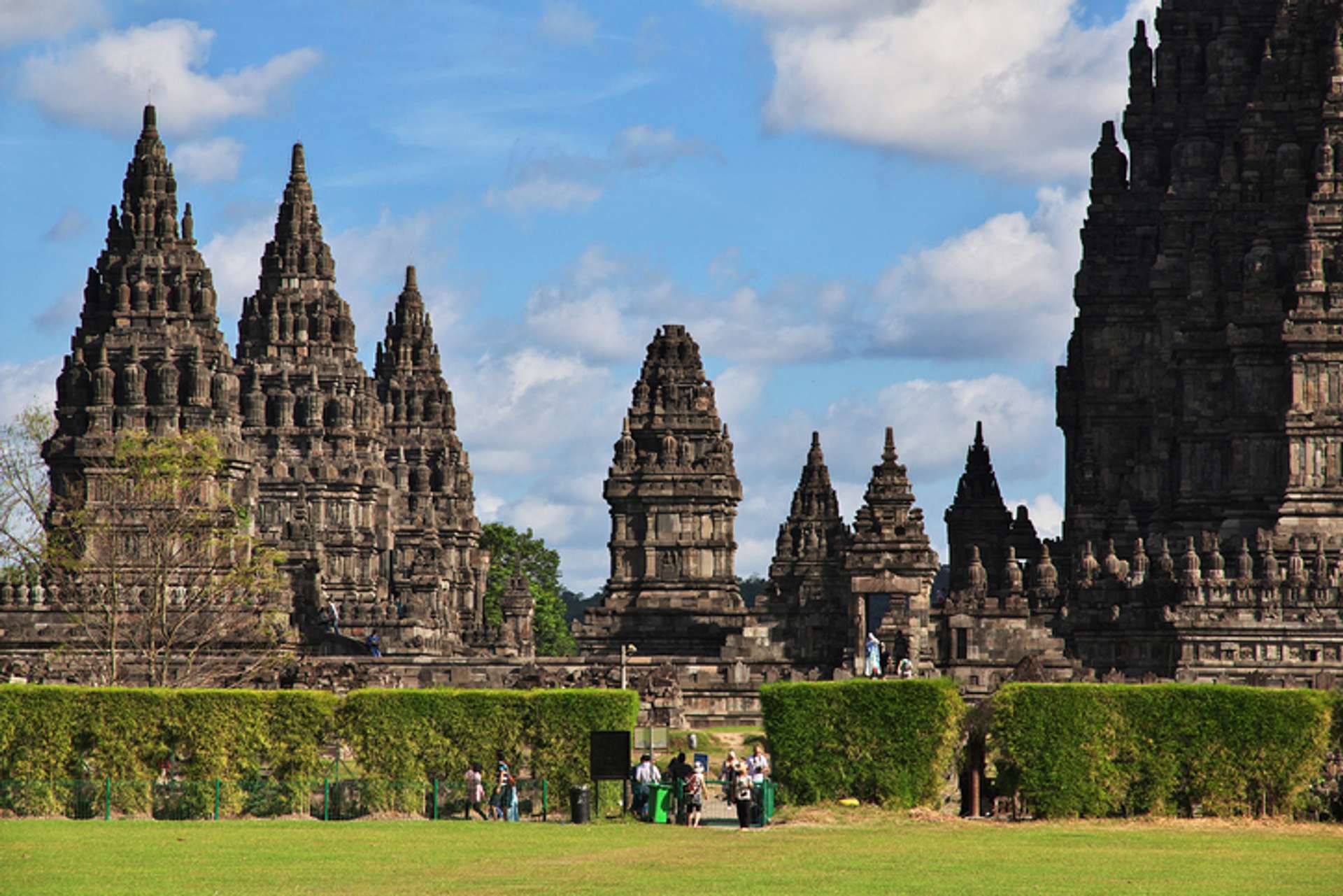A view of several tall Hindu temples in Java with a sprawling green grassland in front
