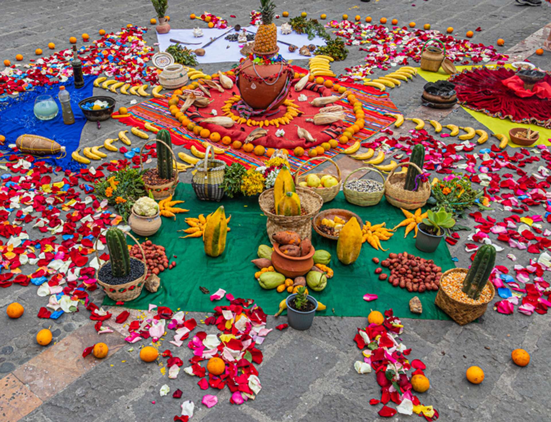 An Andean cross made of plants, seeds and fruits for a spiritual ceremony