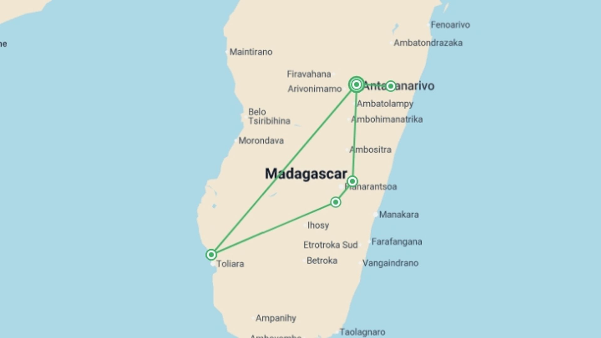A map showing the tour itinerary for the trip: 1000 Views of Madagascar, starting in Antananarivo, Madagascar and ending in Antananarivo, Madagascar going through 2 other destinations.