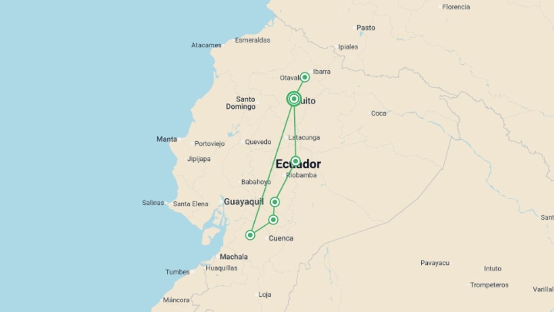 A map showing the tour itinerary for the trip: 11 Days around Ecuador's Nature and Culture, starting in Quito, Ecuador and ending in Quito, Ecuador going through 5 other destinations.