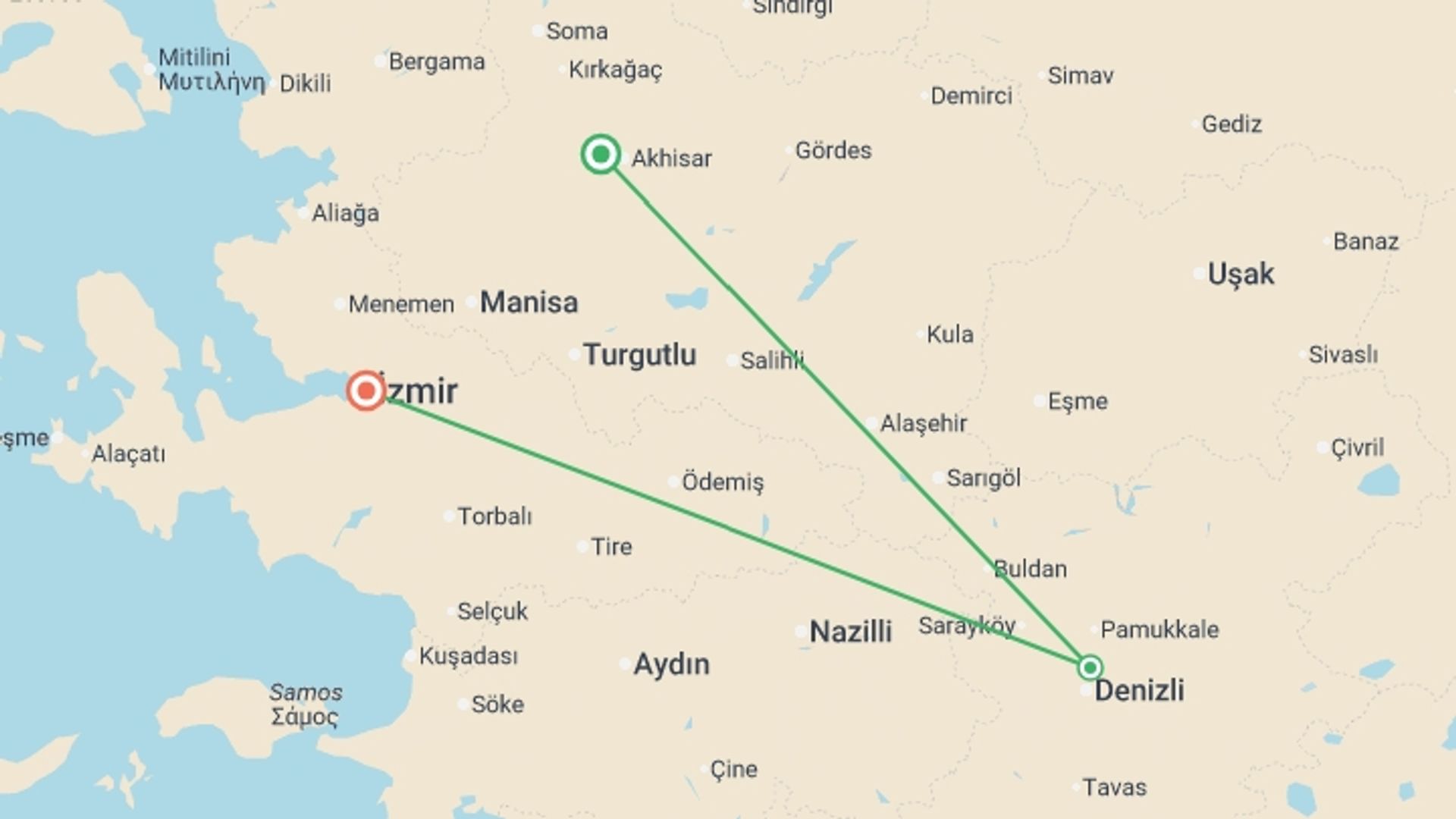 A map showing the tour itinerary for the trip: 3 Days - Seven Churches Of Revelation - Private / Mini Group Tour, starting in Turkey and ending in Ephesus, Turkey going through 3 other destinations.