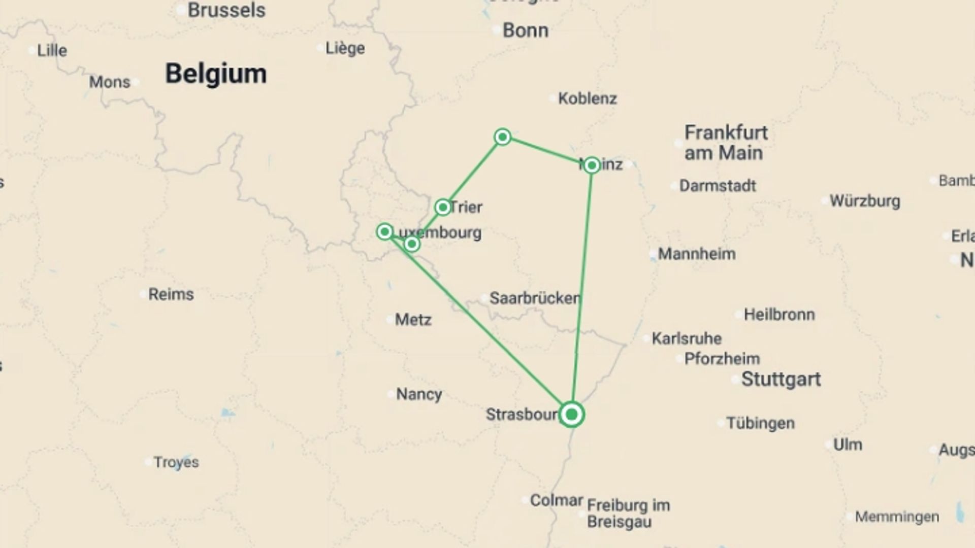 A map showing the tour itinerary for the trip: 4 Rivers: The Neckar, Romantic Rhine, Moselle, and Sarre Valleys, starting in Germany and ending in Remich, Luxembourg going through 6 other destinations.