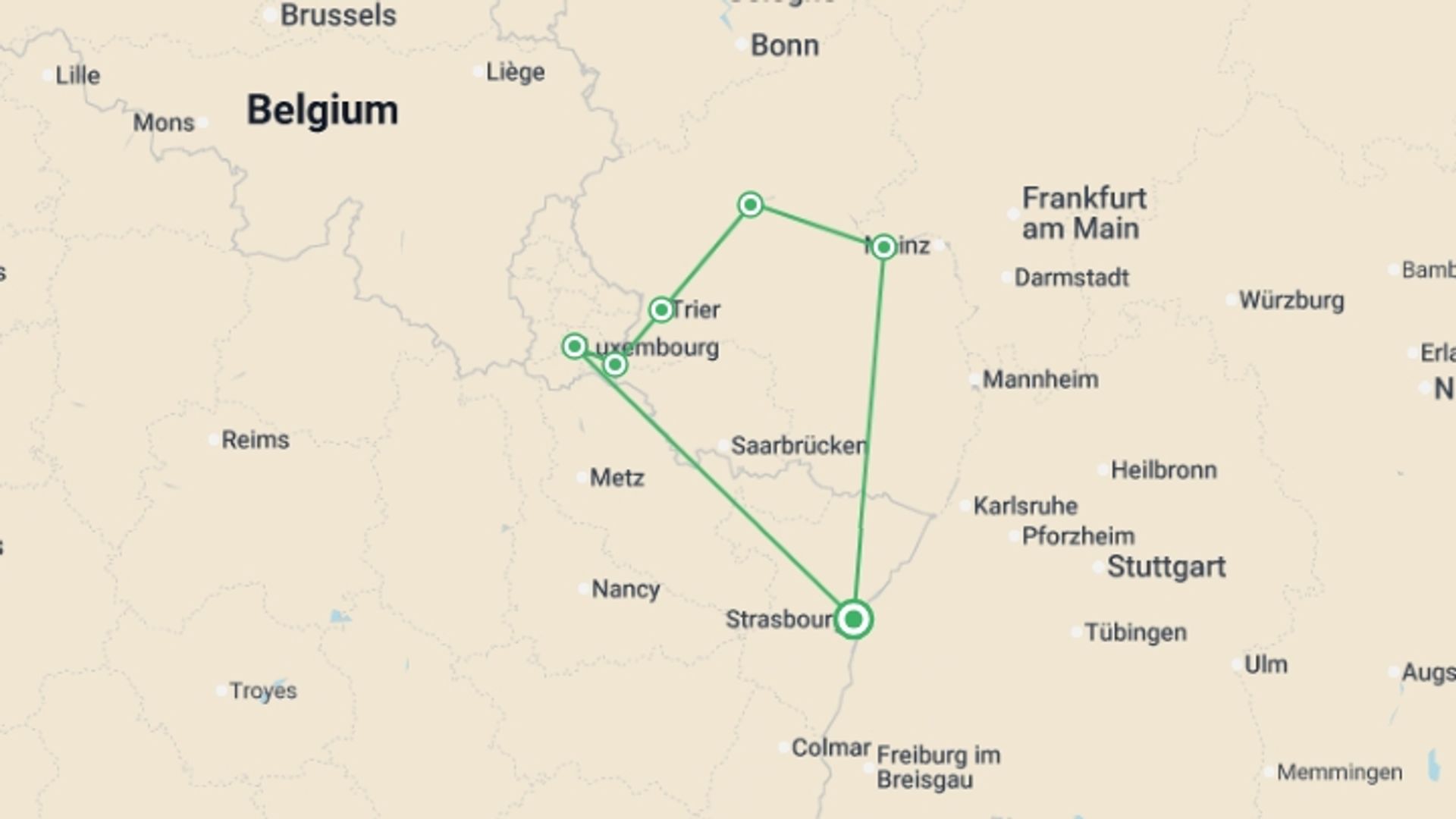 A map showing the tour itinerary for the trip: 4 Rivers: The Neckar, Romantic Rhine, Moselle, and Sarre Valleys, starting in Germany and ending in Remich, Luxembourg going through 6 other destinations.
