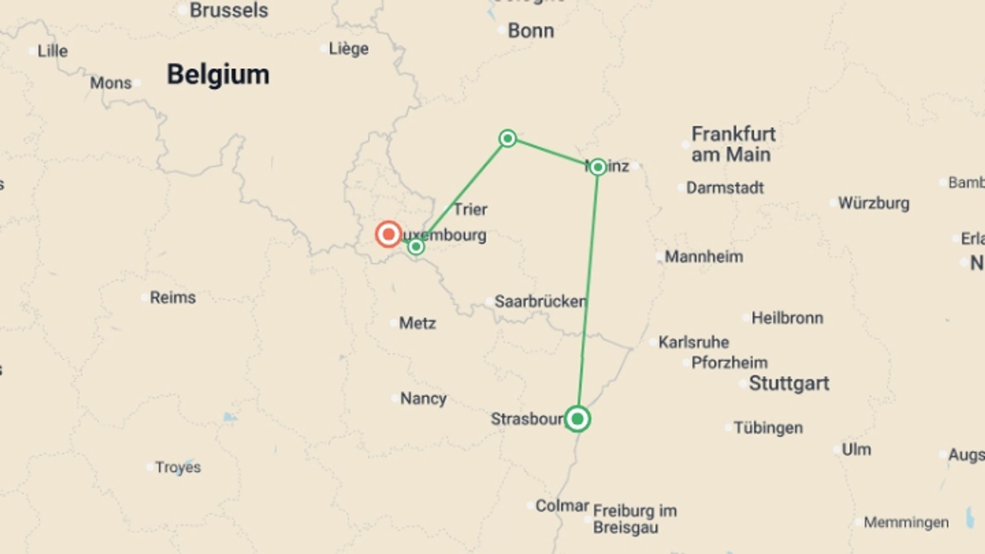 A map showing the tour itinerary for the trip: 4 Rivers: The Neckar, Romantic Rhine, Moselle, and Sarre Valleys (port-to-port cruise), starting in Strasbourg, France and ending in Remich, Luxembourg going through 5 other destinations.