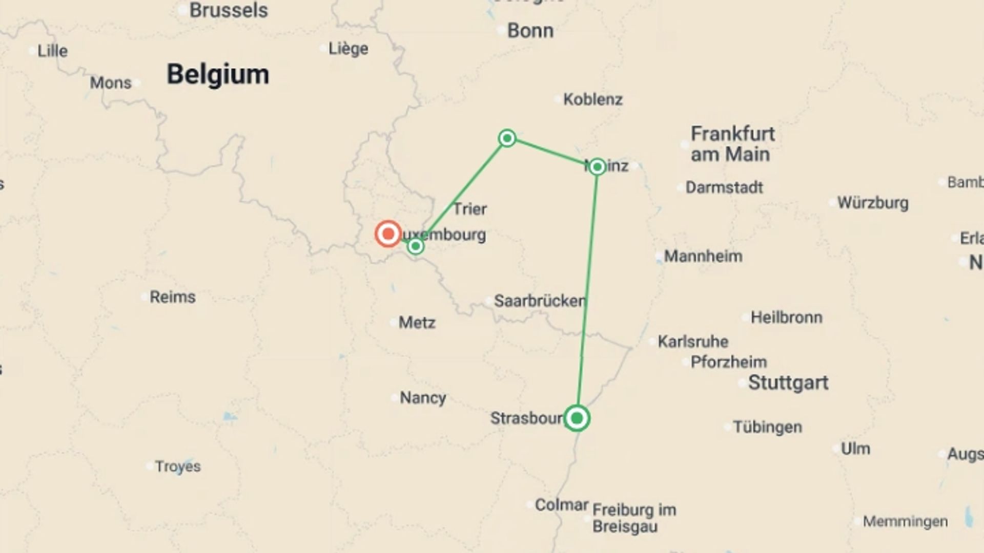A map showing the tour itinerary for the trip: 4 Rivers: The Neckar, Romantic Rhine, Moselle, and Sarre Valleys (port-to-port cruise), starting in Strasbourg, France and ending in Remich, Luxembourg going through 5 other destinations.