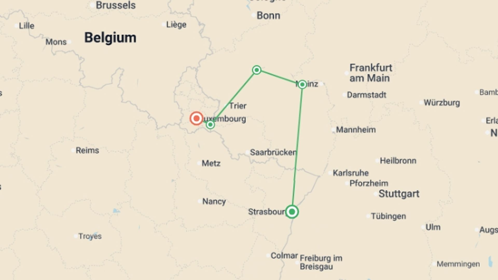 A map showing the tour itinerary for the trip: 4 Rivers: The Neckar, Romantic Rhine, Moselle, and Sarre Valleys (port-to-port cruise), starting in Strasbourg, France and ending in Remich, Luxembourg going through 5 other destinations.