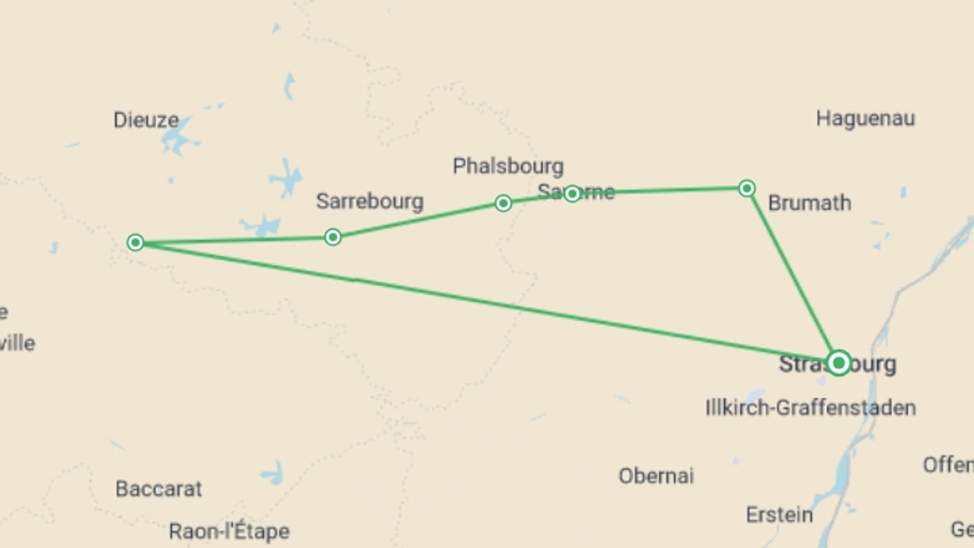 A map showing the tour itinerary for the trip: Charming cruise through the heart of Alsace and the Vosges Mountains - Between heritage, art and regional craftsmanship (port-to-port cruise), starting in Strasbourg, France and ending in Strasbourg, France going through 3 other destinations.