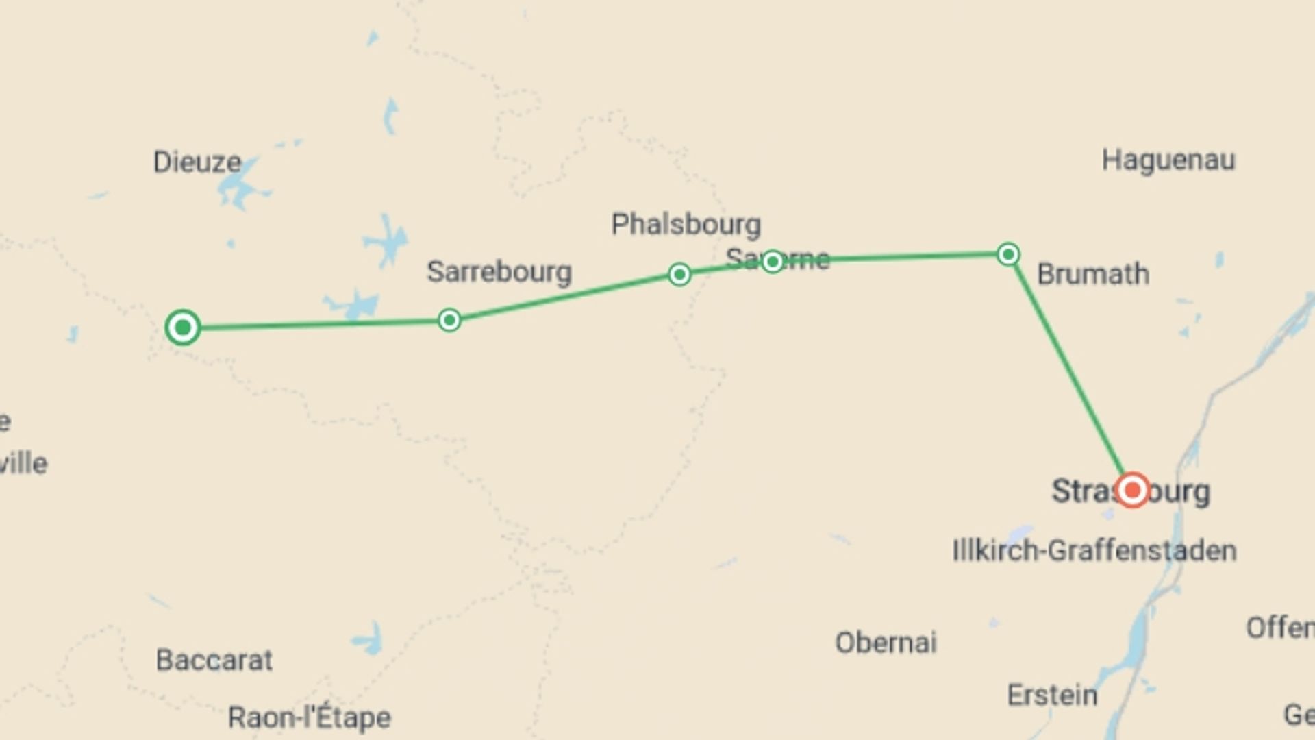 A map showing the tour itinerary for the trip: A Charming Cruise through Lorraine and Alsace and along the Marne-Rhine Canal (port-to-port cruise), starting in Paris, France and ending in Strasbourg, France going through 3 other destinations.