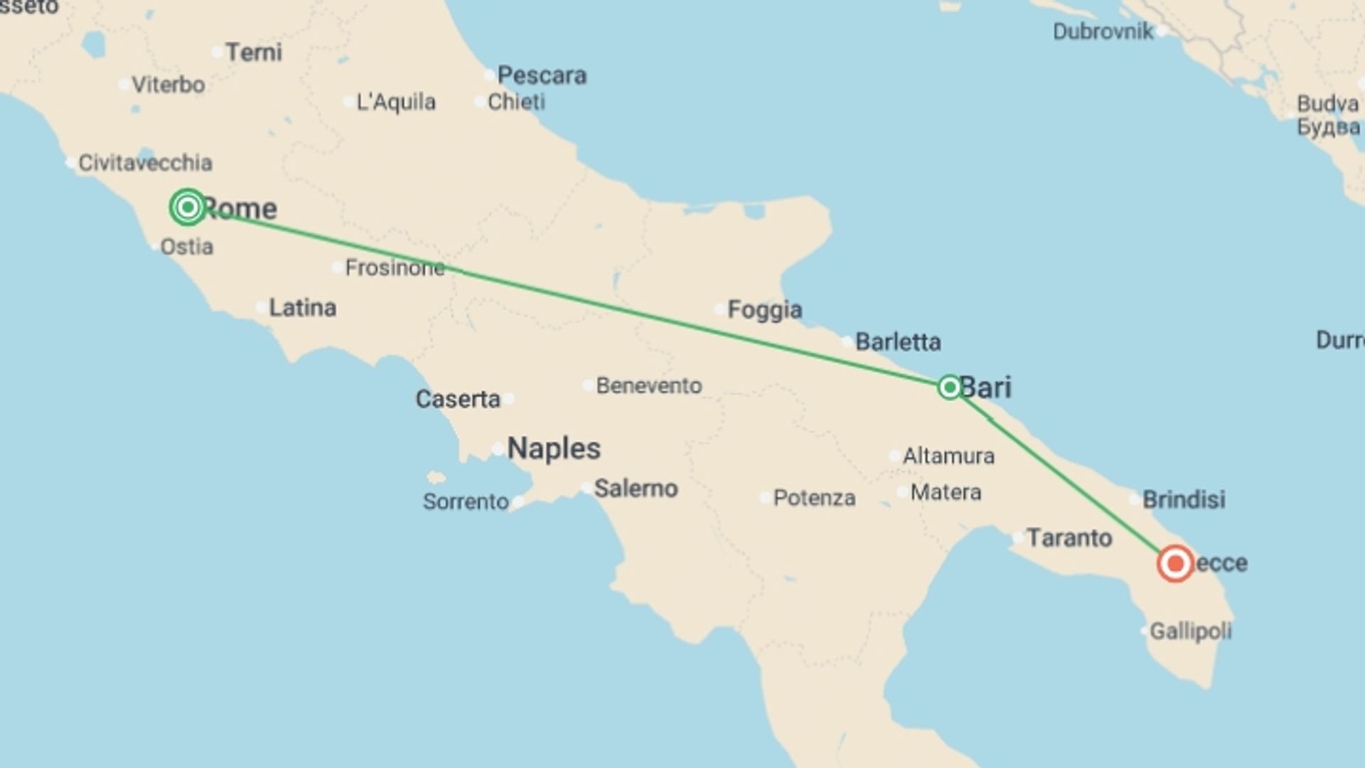 A map showing the tour itinerary for the trip: A Culinary Escape from Rome to Puglia, starting in Rome, Italy and ending in Venice, Italy going through 4 other destinations.