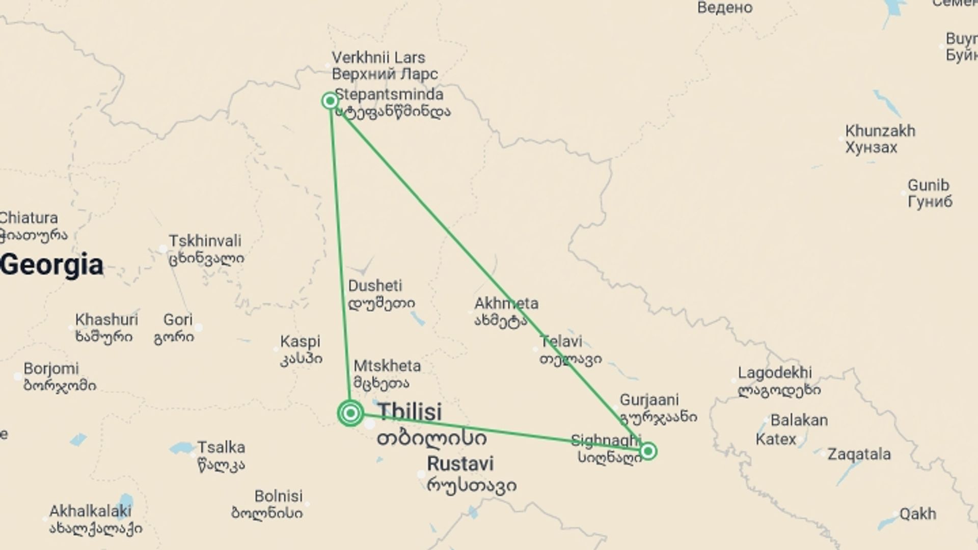 A map showing the tour itinerary for the trip: A Taste of Georgia - Tbilisi to the Caucasus Mountains, starting in Tbilisi, Georgia and ending in Tbilisi, Georgia going through 2 other destinations.