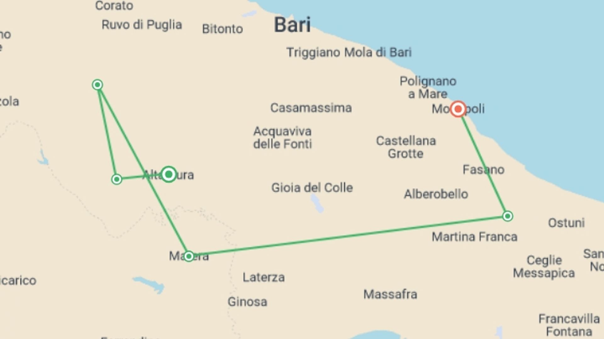 A map showing the tour itinerary for the trip: A Taste of Italy - Walking in Puglia, starting in Altamura, Italy and ending in Monopoli, Italy going through 4 other destinations.