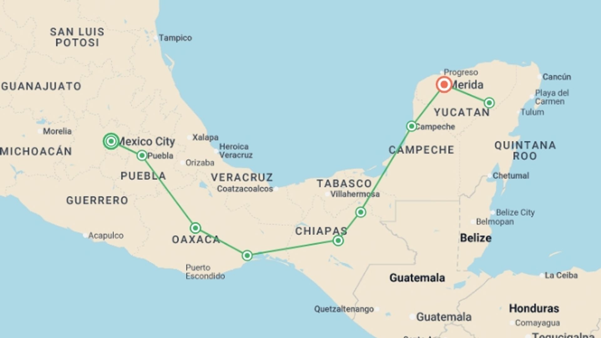 A map showing the tour itinerary for the trip: A Taste of Mexico - Markets and Mayan Sites, starting in Mexico City, Mexico and ending in Merida, Mexico going through 5 other destinations.